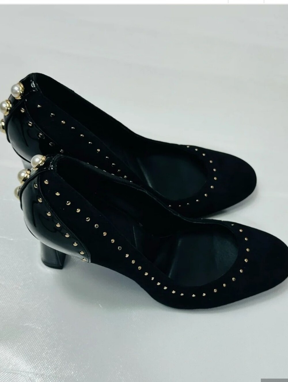 Karl Lagerfeld Black Pumps with Gold Studs and Pearl Heel Accent